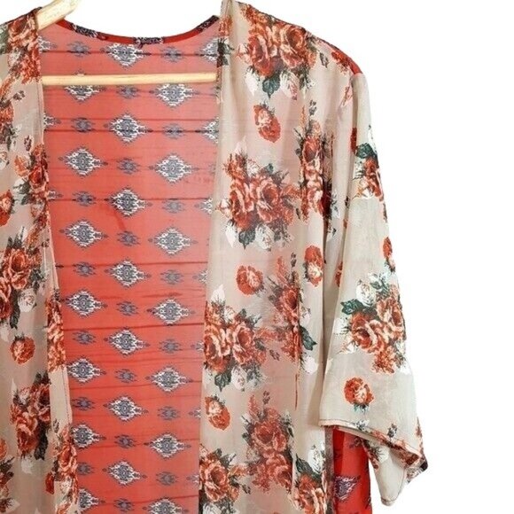 Tua Boho Kimono Top Orange Brown Small Fringe Wide Sleeves Open Sheer Floral - Picture 2 of 4